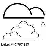 Two stylized cloud outlines with an upward pointing arrow. Ideal for technology, cloud computing, data transfer, digital storage, networking, connectivity, and online services. Line metaphor. Cloud syncing and uploading concept represented by two stylized clouds and an upward arrow. Стоковая иллюстрация, агентство Ingram Publishing / Фотобанк Лори