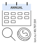 Annual calendar, magnifying glass, and a coin with dollar sign. Ideal for financial planning, budget reviews, annual reports, investment strategies, accounting fiscal audits and cost analysis. Line. Annual Calendar with Magnifying Glass and Coin Representing Financial Planning and Review. Стоковая иллюстрация, агентство Ingram Publishing / Фотобанк Лори