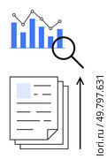 Bar graph line graph stack of papers magnifying glass arrow. Ideal for data analysis, growth, research, business strategy, statistics, documentation, focus. Line metaphor. Analytical Tools for Data-Driven Success Featuring Graphs, Reports, and Magnifying Glass. Стоковая иллюстрация, агентство Ingram Publishing / Фотобанк Лори