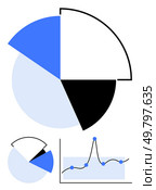 Pie chart with sections in blue black white. Line graph with blue data points. Ideal for data visualization analysis, business, statistics, growth, comparison, and research. Line metaphor. Dynamic Pie Chart and Line Graph for Comprehensive Data Analysis. Стоковая иллюстрация, агентство Ingram Publishing / Фотобанк Лори