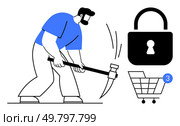 Man trying to hack an online shopping cart using a pickaxe, with a security lock icon emphasizing protection. Ideal for cybersecurity, online shopping, digital security, hacking prevention. Man attempting to hack a secure online shopping cart with a pickaxe, lock icon demonstrating security. Стоковая иллюстрация, агентство Ingram Publishing / Фотобанк Лори