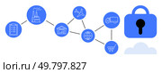 Connected icons showcasing clipboard factory warehouse airplane globe truck shopping cart and a lock, Ideal for supply chain management logistics transportation security ecommerce and data protection. Secured Supply Chain with Key Logistics and Transportation Elements. Стоковая иллюстрация, агентство Ingram Publishing / Фотобанк Лори