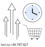 Three upward arrows, a clock, and a shopping cart outline represent growth, efficiency, punctuality, and consumerism. Ideal for business trends, productivity, online shopping, time management, market. Growth and Efficiency in E-commerce and Time Management. Стоковая иллюстрация, агентство Ingram Publishing / Фотобанк Лори