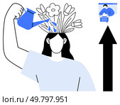 Woman watering blooming flowers on her head indicating growth creativity and self-improvement Arrows, symbolize positive progression while cashback sign suggests rewards or benefits Ideal for. Human Head Flowers with Watering Can Growth Vector Illustration. Стоковая иллюстрация, агентство Ingram Publishing / Фотобанк Лори