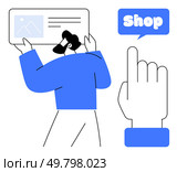 Man wearing a virtual reality headset holding a picture next to an enlarged hand pointing to a Shop button. Ideal for virtual reality, e-commerce, technology, digital marketing, modern design. Man with VR Headset and Online Shopping Symbol in Minimalist Blue and White Design. Стоковая иллюстрация, агентство Ingram Publishing / Фотобанк Лори