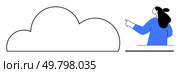 Simplified graphic of a woman pointing at a large cloud outline. Ideal for themes like cloud computing, technology, data storage, weather forecasting, and imagination. Minimalist drawing style. Woman Pointing to Cloud Outline Simplified Concept Representation for Various Themes. Стоковая иллюстрация, агентство Ingram Publishing / Фотобанк Лори