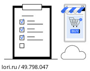 A clipboard checklist with ticked items, a smartphone displaying an online shopping cart with a buy button, and a cloud symbol. Ideal for productivity, online shopping, e-commerce, task management. Online Shopping List Management on Mobile Devices with Cloud Integration Concept. Стоковая иллюстрация, агентство Ingram Publishing / Фотобанк Лори