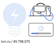 Light bulb with lightning bolt, professional briefcase with a strap, and video player with play button and progress bar. Ideal for productivity, technology, business, education, media, innovation. Professional Workflow Enhancement with Briefcase, Streaming Video, and Light Bulb Symbol. Стоковая иллюстрация, агентство Ingram Publishing / Фотобанк Лори