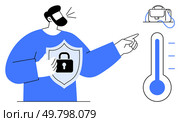 Man holding shield with lock icon, pointing at a briefcase and thermometer. Ideal for security, privacy, protection, cybersecurity, health safety, risk management, safeguarding. Line metaphor. Man holding shield with lock icon, pointing at briefcase and thermometer, highlighting protection theme. Стоковая иллюстрация, агентство Ingram Publishing / Фотобанк Лори