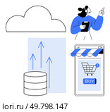 Cloud symbol, a person working with a tablet, data storage with arrows pointing upwards, and a smartphone with shopping cart and BUY button. Ideal for technology, business, cloud computing, data. Cloud Computing and E-Commerce Streamlining Data and Online Shopping for Enhanced Business Efficiency. Стоковая иллюстрация, агентство Ingram Publishing / Фотобанк Лори