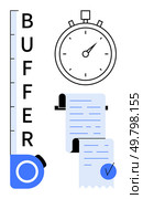 Buffer gauge, stopwatch and receipts, symbols of task management. Ideal for productivity, time management, task prioritization, efficiency, organization. Simple clean style. Blue black white. Efficiency in Time Management and Task Prioritization Toolkit. Стоковая иллюстрация, агентство Ingram Publishing / Фотобанк Лори