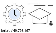 Clock inside a gear next to a graduation cap with tassel. Ideal for educational materials, study management, academic success resources, school programs, time management guides, online courses. Clock Inside Gear Next to Graduation Cap Representing Time Management and Education. Стоковая иллюстрация, агентство Ingram Publishing / Фотобанк Лори