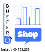 Vertical gauge labeled Buffer next to a bar chart and blue speech bubble with text Shop. Ideal for business analysis, shopping trends, online retail, performance metrics, and economics. Illustrated. Business Performance Chart Next to Shop Text in Blue Speech Bubble. Стоковая иллюстрация, агентство Ingram Publishing / Фотобанк Лори