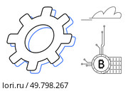 Outline drawing of a large gear, cloud, and Bitcoin symbol with circuitry. Ideal for technology, cryptocurrency, engineering, blockchain, and financial themes. Modern, clean and minimalist style. Big Gear with Bitcoin Symbol and Cloud in Modern Cartoon Vector Illustrative Style. Стоковая иллюстрация, агентство Ingram Publishing / Фотобанк Лори
