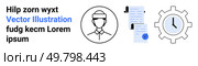 Avatar of a professional, documents with a checkmark, and a gear icon with a clock. Ideal for business services, project management, HR, efficiency, workflow optimization, corporate operations. Professional Avatar with Documents and Gear Icon Representing Efficiency and Workflow Optimization. Стоковая иллюстрация, агентство Ingram Publishing / Фотобанк Лори
