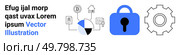 Graphs and charts connecting technology and financial symbols, blue lock, and a cogwheel. Ideal for technology, cybersecurity, financial data analysis, business solutions, data visualization, web. Data Security and Analysis with Graphs, Charts, and Technology Icons for Web Banners. Стоковая иллюстрация, агентство Ingram Publishing / Фотобанк Лори
