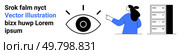 Eye icon with rays, a blue-clad woman pointing at server racks, and text header with placeholder content. Ideal for technology, data management, cybersecurity, informational content, education. Woman Pointing to a Stack of Servers and Eye Icon with Informational Text Header. Стоковая иллюстрация, агентство Ingram Publishing / Фотобанк Лори