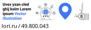 Human head with AI chip, globe, cloud blue geolocation pin microchip with Bitcoin symbol. Ideal for technology, AI, blockchain, geolocation, digital transformation, IT services, startups. Landing. AI Integration, Geolocation, Blockchain Symbols in Technology-Themed Vector Design. Стоковая иллюстрация, агентство Ingram Publishing / Фотобанк Лори