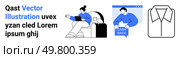 Woman on couch with laptop, person showing cash back card, and shirt icon. Ideal for e-commerce, finance, remote work, shopping, customer retention, online education, personal blogs. Landing page. Engaging Illustrations of Daily Activities and E-Commerce Dynamics for Modern Use. Стоковая иллюстрация, агентство Ingram Publishing / Фотобанк Лори
