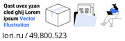 Package box, data files in folder, person with laptop. Ideal for digital organization, data management, remote work, cloud storage, office productivity, tech solutions, binary code. Landing page. Digital Archive Solutions Efficient Data Management for Modern Workspaces. Стоковая иллюстрация, агентство Ingram Publishing / Фотобанк Лори