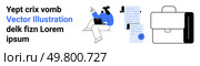Business professional working on laptop, documents with checkmarks, and briefcase. Ideal for business presentations, online courses, financial reports, marketing materials, workplace training, blogs. Business Professional on Laptop with Briefcase and Documents Background. Стоковая иллюстрация, агентство Ingram Publishing / Фотобанк Лори