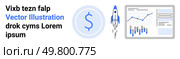 Dollar sign, rocket, and financial graphs reflect growth, analytics, and investment themes. Ideal for startups, finance, analytics, marketing, investment, technology growth Landing page. Business Growth with Financial Graphs and Rocket Launch for Digital Marketing. Стоковая иллюстрация, агентство Ingram Publishing / Фотобанк Лори