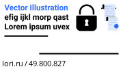 Padlock indicating security, signed documents with blue checkmark, and sample text. Ideal for user authentication, data protection, privacy policies, digital signatures, secure transactions. Secure Document Management Icon with Padlock and Signed Papers. Стоковая иллюстрация, агентство Ingram Publishing / Фотобанк Лори