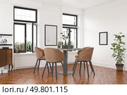 Elegant dining setup with brown chairs, white walls, and large windows. 3d render. Elegant dining setup with brown chairs. Стоковое фото, агентство Ingram Publishing / Фотобанк Лори