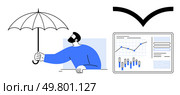 Man holding an umbrella shielding a digital screen displaying graphs and charts from a falling arrow. Ideal for finance, insurance, risk management, stock market, business strategy, investment. Protecting Investments Man with Umbrella Shielding Graphs and Charts from Potential Losses. Стоковая иллюстрация, агентство Ingram Publishing / Фотобанк Лори
