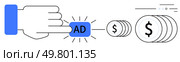 Hand pressing a blue AD button, generating coins with dollar symbols. Ideal for advertising, marketing, online business, revenue generation, digital monetization, pay-per-click, and financial growth. Hand Pressing Ad Button and Coins Illustrating Online Advertising Revenue Generation. Стоковая иллюстрация, агентство Ingram Publishing / Фотобанк Лори