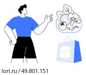 A person pointing at healthy food items like vegetables and fruits with a shopping bag beside them. Ideal for healthy eating, grocery shopping, nutrition, lifestyle choices, and health awareness. Person Pointing at Healthy Food and Shopping Bag in Minimalist Style. Стоковая иллюстрация, агентство Ingram Publishing / Фотобанк Лори