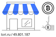 Small shop with blue-striped awning, Bitcoin symbol indicating cryptocurrency acceptance. Ideal for modern commerce, digital payment systems, small businesses, financial technology, cryptocurrency. Small Retail Shop Embracing Bitcoin and Digital Payment Systems for Modern Commerce. Стоковая иллюстрация, агентство Ingram Publishing / Фотобанк Лори