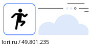 Silhouette of a person running inside a square with motion lines and a cloud graphic. Ideal for fitness, sports, speed, technology, workflow, performance, and competition themes. Line metaphor. Minimalistic running icon with motion lines and a cloud symbolizing speed and agility. Стоковая иллюстрация, агентство Ingram Publishing / Фотобанк Лори