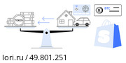 Scales weighing tokens against a house, car, and technological icons. Ideal for blockchain, real estate, digital transactions, cryptocurrency, technology. Minimalist, modern, flat style. Balancing Tokens with Real-World Assets, Digital Connectivity, and Cryptocurrency Transactions. Стоковая иллюстрация, агентство Ingram Publishing / Фотобанк Лори