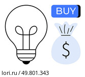 Lightbulb, money bag with dollar sign, and Buy button symbolize investment in ideas and purchasing power. Ideal for business, finance, e-commerce, innovation, marketing, entrepreneurship, consumer. Lightbulb, Money Bag with Dollar Sign, and Buy Button for Business Investment and Innovation Concept. Стоковая иллюстрация, агентство Ingram Publishing / Фотобанк Лори