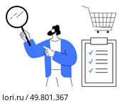 A person holding a magnifying glass points to a shopping cart and a checklist. Ideal for business management online shopping product evaluation organization and efficiency. Modern clean minimal style. Shopping Cart and Checklist with Magnifying Glass for Organizational Product Evaluation. Стоковая иллюстрация, агентство Ingram Publishing / Фотобанк Лори