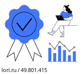 Certification badge, woman with laptop, bar graph, and trendline chart. Ideal for achievement, education, analysis, data visualization, business growth, professional development, technology Line. Certification Badge, Woman Using Laptop, and Bar Graph with Trendline Chart Showing Data Insights. Стоковая иллюстрация, агентство Ingram Publishing / Фотобанк Лори