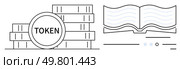 Stack of TOKEN-labeled coins next to an open book with lines representing text. Ideal for blockchain learning, cryptocurrency education, financial literacy, digital currency strategies, e-learning. Crypto tokens stack near open book, representing digital currency and blockchain education. Стоковая иллюстрация, агентство Ingram Publishing / Фотобанк Лори