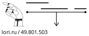 Robotic hand pointing to a horizontal timeline with dots and horizontal lines. An arrow indicates a division. Ideal for technology, progress tracking, project management, future concepts, milestones. Robotic Hand Pointing to Timeline with Divisions Highlighted by Arrow and Dots. Стоковая иллюстрация, агентство Ingram Publishing / Фотобанк Лори
