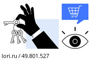 Hand holding keys, blue shopping cart icon in a speech bubble, and black eye symbol with lines. Ideal for concepts like security, e-commerce, vision, protection, insight, surveillance. Hand Holding Keys, Shopping Cart Icon, and Eye Symbol Representing Security, E-commerce, and Visibility. Стоковая иллюстрация, агентство Ingram Publishing / Фотобанк Лори