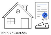 House, document with blue seal and checkmark, and pen arranged together. Ideal for real estate, home ownership, legal documentation, property insurance, mortgages, home sales, official agreements. House, Certificate with Seal, and Pen Representing Home Ownership and Legal Documentation. Стоковая иллюстрация, агентство Ingram Publishing / Фотобанк Лори