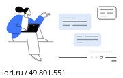 Woman sitting with laptop gesturing, two blue chat boxes, white speech bubble. Ideal for online communication, digital learning, remote work, social media, customer service, tech support. Woman with Laptop Engaging in Online Discussion with Multiple Chat Boxes and Responsive Interaction. Стоковая иллюстрация, агентство Ingram Publishing / Фотобанк Лори
