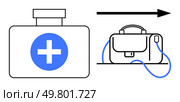Medical first aid kit with blue cross icon, a rightward pointing arrow, and a professional briefcase. Ideal for workplace safety, health protocols, emergency preparedness, remote work, hybrid work. Transition from Medical First Aid to Office Work With Briefcase and Directional Arrow. Стоковая иллюстрация, агентство Ingram Publishing / Фотобанк Лори