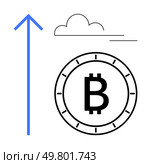 Bitcoin symbol inside a circular outline with large upward blue arrow and a cloud above. Ideal for financial growth, cryptocurrency potential, market trends, investment, blockchain technology. Bitcoin cryptocurrency symbol with upward blue arrow and cloud, signifying growth and potential. Стоковая иллюстрация, агентство Ingram Publishing / Фотобанк Лори