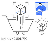 E-commerce themes with focus on AR integration, cashback offers, and innovation for sustainable solutions. Shopping cart, 3D cube, user with cashback, and a light bulb depict e-commerce, technology. E-commerce Innovations Augmented Reality, Cashback Offers, and Sustainable Solutions. Стоковая иллюстрация, агентство Ingram Publishing / Фотобанк Лори