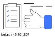 Checklist on clipboard with three blue check marks and large thumbs up symbol. Ideal for productivity, approvals, project management, success, completion, business processes, task tracking. Banner. Thumbs Up Sign and Checklist on Clipboard Representing Task Completion and Approval. Стоковая иллюстрация, агентство Ingram Publishing / Фотобанк Лори