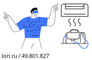 Man using VR headset gestures towards smart air conditioning unit and a connected briefcase. Ideal for technology, smart home, wearable tech, innovation, IoT, future trends, automation. Line metaphor. Virtual reality enthusiast interacting with smart air conditioner and connected smart devices. Стоковая иллюстрация, агентство Ingram Publishing / Фотобанк Лори
