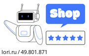 A robot character with a cheerful face points towards a speech bubble saying Shop alongside a five-star rating. Ideal for technology innovation, online shopping, customer service, product reviews. Robot Assistant Recommending a Five-Star Shopping Experience. Стоковая иллюстрация, агентство Ingram Publishing / Фотобанк Лори