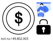 Large dollar sign coin represents money. Person holding a cashback sign suggests a transaction or refund. Lock symbolizes security and protection. Ideal for finance, ecommerce, security, savings. Modern Concepts of Cashback, Security and Money. Стоковая иллюстрация, агентство Ingram Publishing / Фотобанк Лори