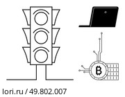 Simplistic graphic with a outlined traffic light, a laptop, and a Bitcoin symbol connected to circuitry. Ideal for technology, cryptocurrency, traffic systems, modern design, educational materials. Simplistic Outline of Traffic Light Computer and Cryptocurrency Symbol in Black and White. Стоковая иллюстрация, агентство Ingram Publishing / Фотобанк Лори